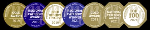 Registered Master Builders House of the Year awards: Gold Award and Regional Category Award, Canterbury 2019; Gold Reserve Finalist 2019; Regional Category Winner and Gold Award, Canterbury 2021; National Category Award 2021; Top 100, 2021