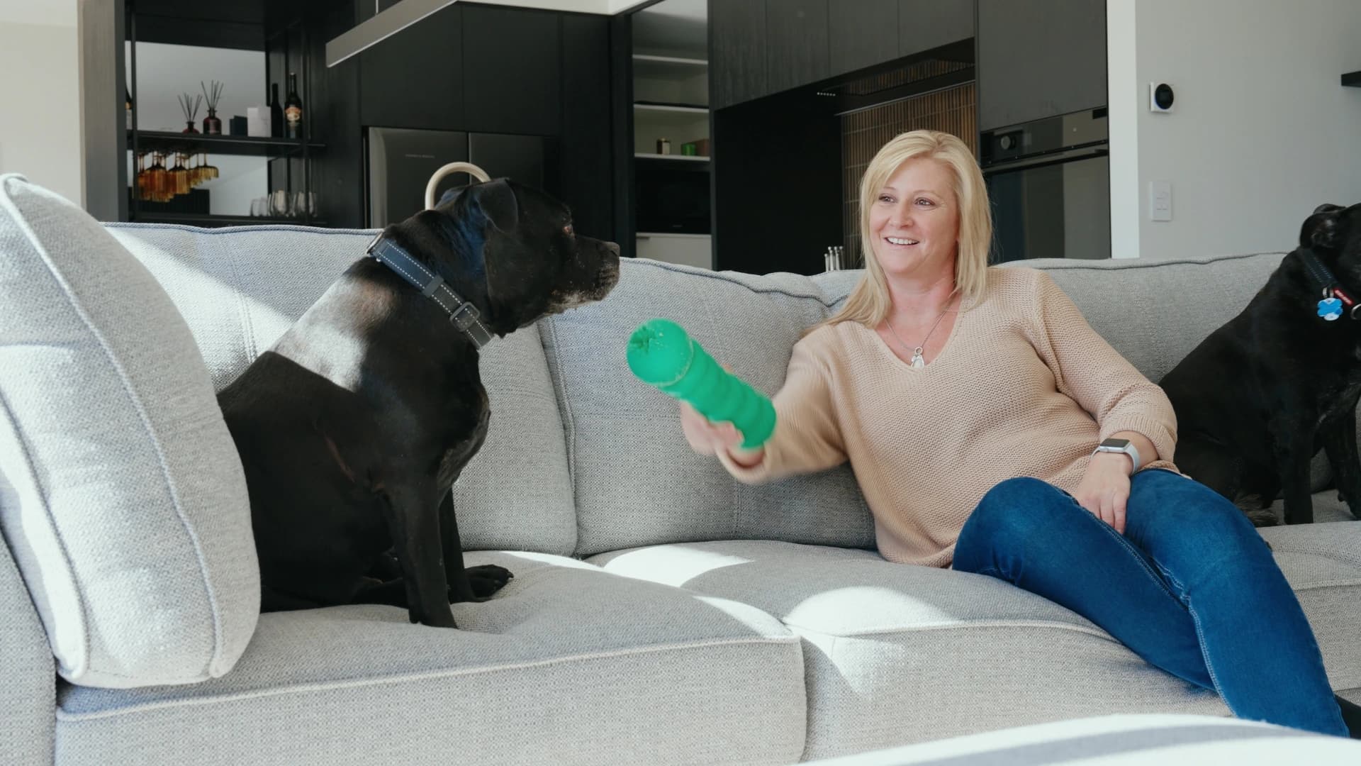 A woman on a pale grey sofa playing with two black staffies, the kitchen's dark cabinetry and open shelving behind